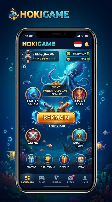 Tampilan antarmuka pengguna dari hokigame yang sederhana dan menarik.
